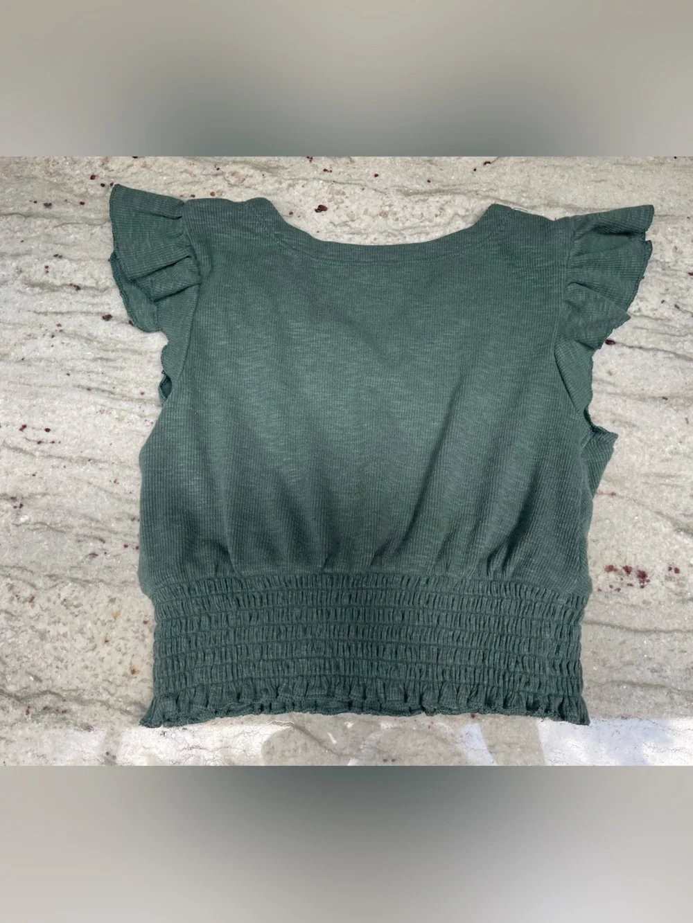 GAP Sage Dark Forest Green V-Neck Smocked Hem Flutter Sleeve Top Sz 6/7 Cotton